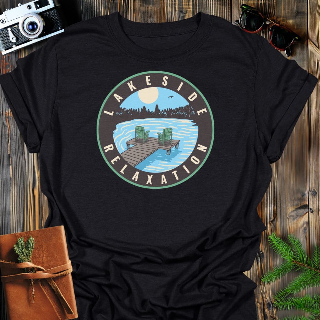 Lakeside Relaxation Sunset T-Shirt In Black / S Lightweight adventure tee for outdoor lovers Perfect for hiking camping or road trips Made from soft breathable cotton for all-day comfort Ideal for nature lovers and adventurers FAYO Threads outdoor apparel remember Fun Awaits You Outside