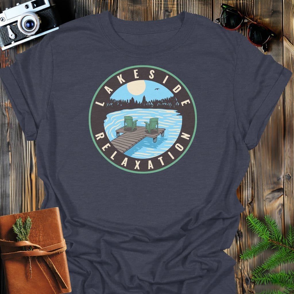 Lakeside Relaxation Sunset T-Shirt In Dark Heather / S Lightweight adventure tee for outdoor lovers Perfect for hiking camping or road trips Made from soft breathable cotton for all-day comfort Ideal for nature lovers and adventurers FAYO Threads outdoor apparel remember Fun Awaits You Outside
