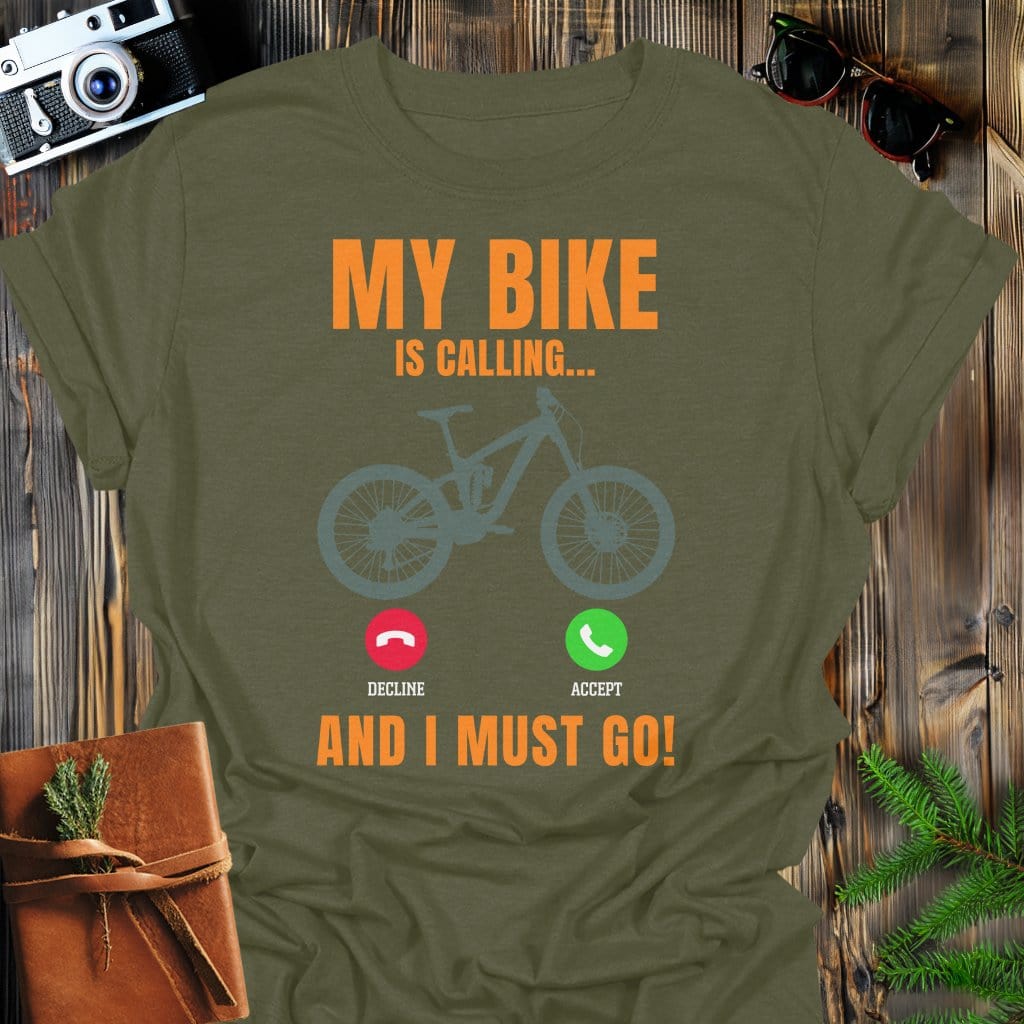 Bike Is Calling T-Shirt In Military Green / S Lightweight adventure tee for outdoor lovers Perfect for hiking camping or road trips Made from soft breathable cotton for all-day comfort Ideal for nature lovers and adventurers FAYO Threads outdoor apparel remember Fun Awaits You Outside