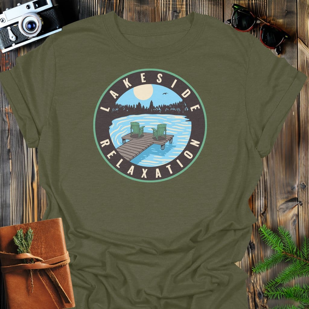 Lakeside Relaxation Sunset T-Shirt In Military Green / S Lightweight adventure tee for outdoor lovers Perfect for hiking camping or road trips Made from soft breathable cotton for all-day comfort Ideal for nature lovers and adventurers FAYO Threads outdoor apparel remember Fun Awaits You Outside