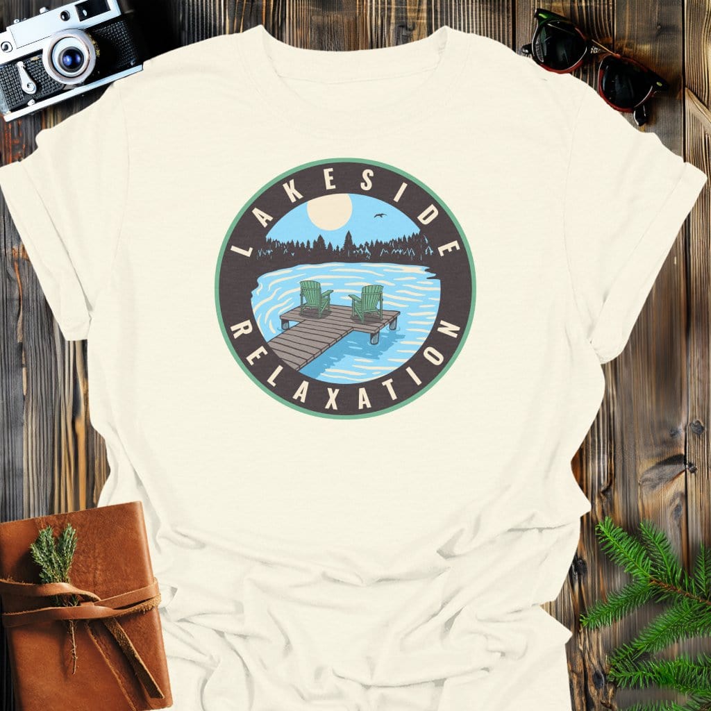 Lakeside Relaxation Sunset T-Shirt In Natural / S Lightweight adventure tee for outdoor lovers Perfect for hiking camping or road trips Made from soft breathable cotton for all-day comfort Ideal for nature lovers and adventurers FAYO Threads outdoor apparel remember Fun Awaits You Outside