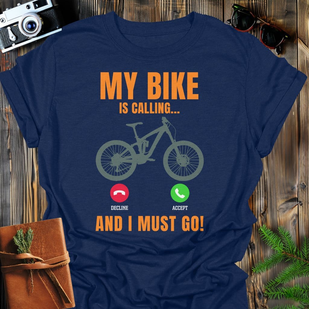Bike Is Calling T-Shirt In Navy / S Lightweight adventure tee for outdoor lovers Perfect for hiking camping or road trips Made from soft breathable cotton for all-day comfort Ideal for nature lovers and adventurers FAYO Threads outdoor apparel remember Fun Awaits You Outside