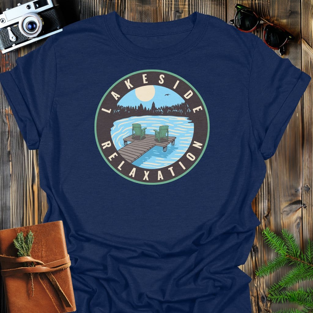 Lakeside Relaxation Sunset T-Shirt In Navy / S Lightweight adventure tee for outdoor lovers Perfect for hiking camping or road trips Made from soft breathable cotton for all-day comfort Ideal for nature lovers and adventurers FAYO Threads outdoor apparel remember Fun Awaits You Outside