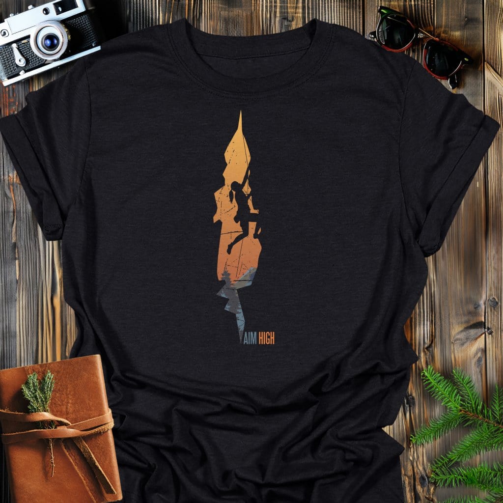 Aim High Climb T-Shirt In Black / S Lightweight adventure tee for outdoor lovers Perfect for hiking camping or road trips Made from soft breathable cotton for all-day comfort Ideal for nature lovers and adventurers FAYO Threads outdoor apparel remember Fun Awaits You Outside