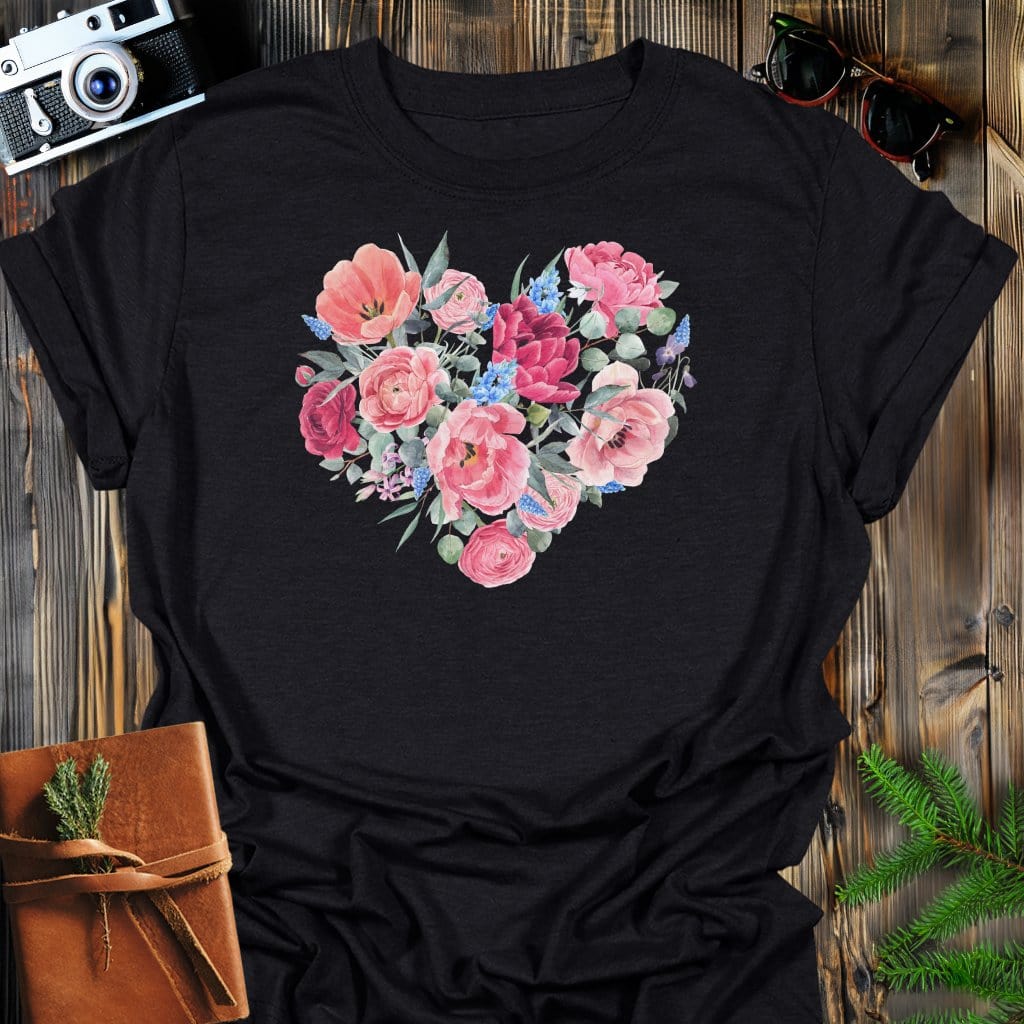 Blossom Heart T-Shirt In Black / S Lightweight adventure tee for outdoor lovers Perfect for hiking camping or road trips Made from soft breathable cotton for all-day comfort Ideal for nature lovers and adventurers FAYO Threads outdoor apparel remember Fun Awaits You Outside