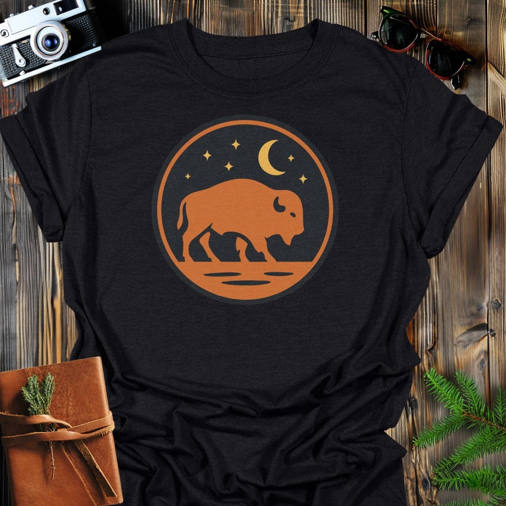 Buffalo Moon T-Shirt In S / Black Lightweight adventure tee for outdoor lovers Perfect for hiking camping or road trips Made from soft breathable cotton for all-day comfort Ideal for nature lovers and adventurers FAYO Threads outdoor apparel remember Fun Awaits You Outside