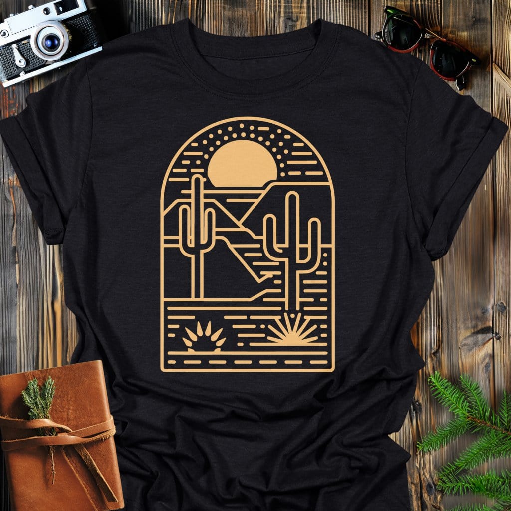 Desert Sun T-Shirt In Black / S Lightweight adventure tee for outdoor lovers Perfect for hiking camping or road trips Made from soft breathable cotton for all-day comfort Ideal for nature lovers and adventurers FAYO Threads outdoor apparel remember Fun Awaits You Outside