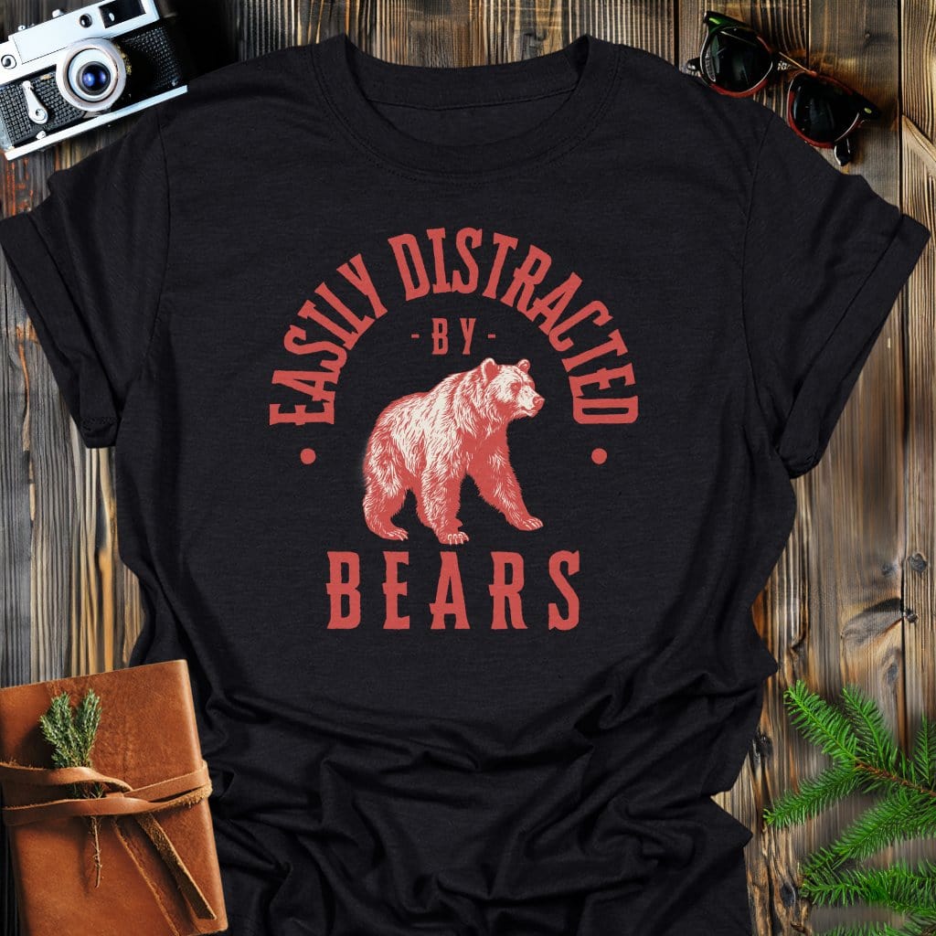 Distracted by Bears T-Shirt In S / Black Lightweight adventure tee for outdoor lovers Perfect for hiking camping or road trips Made from soft breathable cotton for all-day comfort Ideal for nature lovers and adventurers FAYO Threads outdoor apparel remember Fun Awaits You Outside