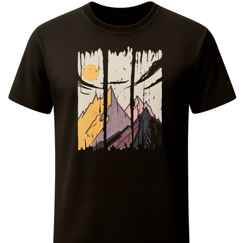 Distressed Mountain Sunset T-Shirt In S / Black Lightweight adventure tee for outdoor lovers Perfect for hiking camping or road trips Made from soft breathable cotton for all-day comfort Ideal for nature lovers and adventurers FAYO Threads outdoor apparel remember Fun Awaits You Outside