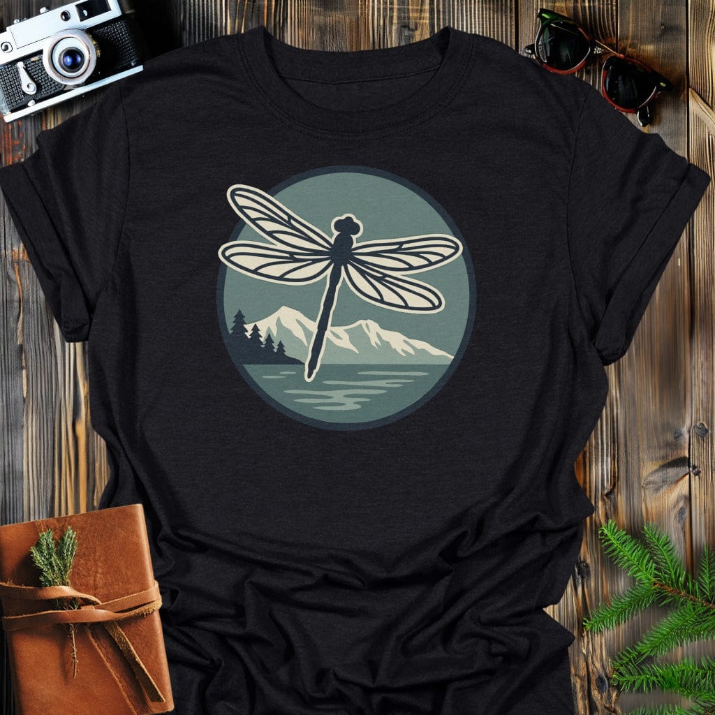 Dragonfly Mountain T-Shirt In S / Black Lightweight adventure tee for outdoor lovers Perfect for hiking camping or road trips Made from soft breathable cotton for all-day comfort Ideal for nature lovers and adventurers FAYO Threads outdoor apparel remember Fun Awaits You Outside