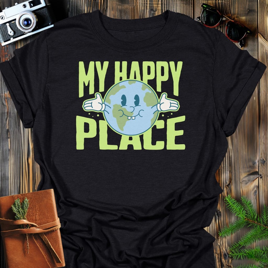 Happy Earth T-Shirt In Black / S Lightweight adventure tee for outdoor lovers Perfect for hiking camping or road trips Made from soft breathable cotton for all-day comfort Ideal for nature lovers and adventurers FAYO Threads outdoor apparel remember Fun Awaits You Outside