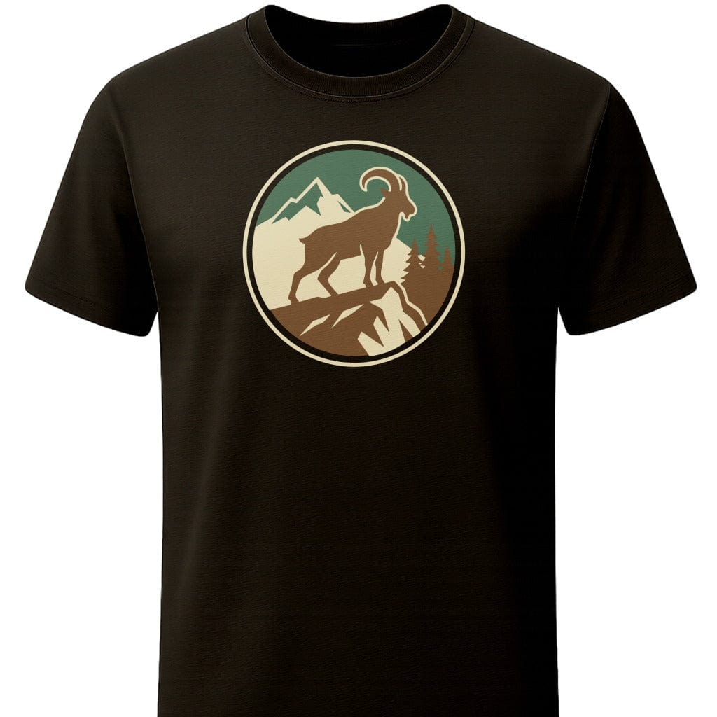Mountain Goat Badge T-Shirt In S / Black Lightweight adventure tee for outdoor lovers Perfect for hiking camping or road trips Made from soft breathable cotton for all-day comfort Ideal for nature lovers and adventurers FAYO Threads outdoor apparel remember Fun Awaits You Outside