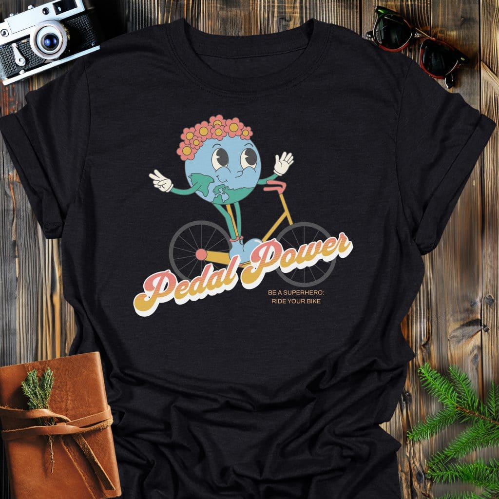 Pedal Power Earth T-Shirt In Black / S Lightweight adventure tee for outdoor lovers Perfect for hiking camping or road trips Made from soft breathable cotton for all-day comfort Ideal for nature lovers and adventurers FAYO Threads outdoor apparel remember Fun Awaits You Outside