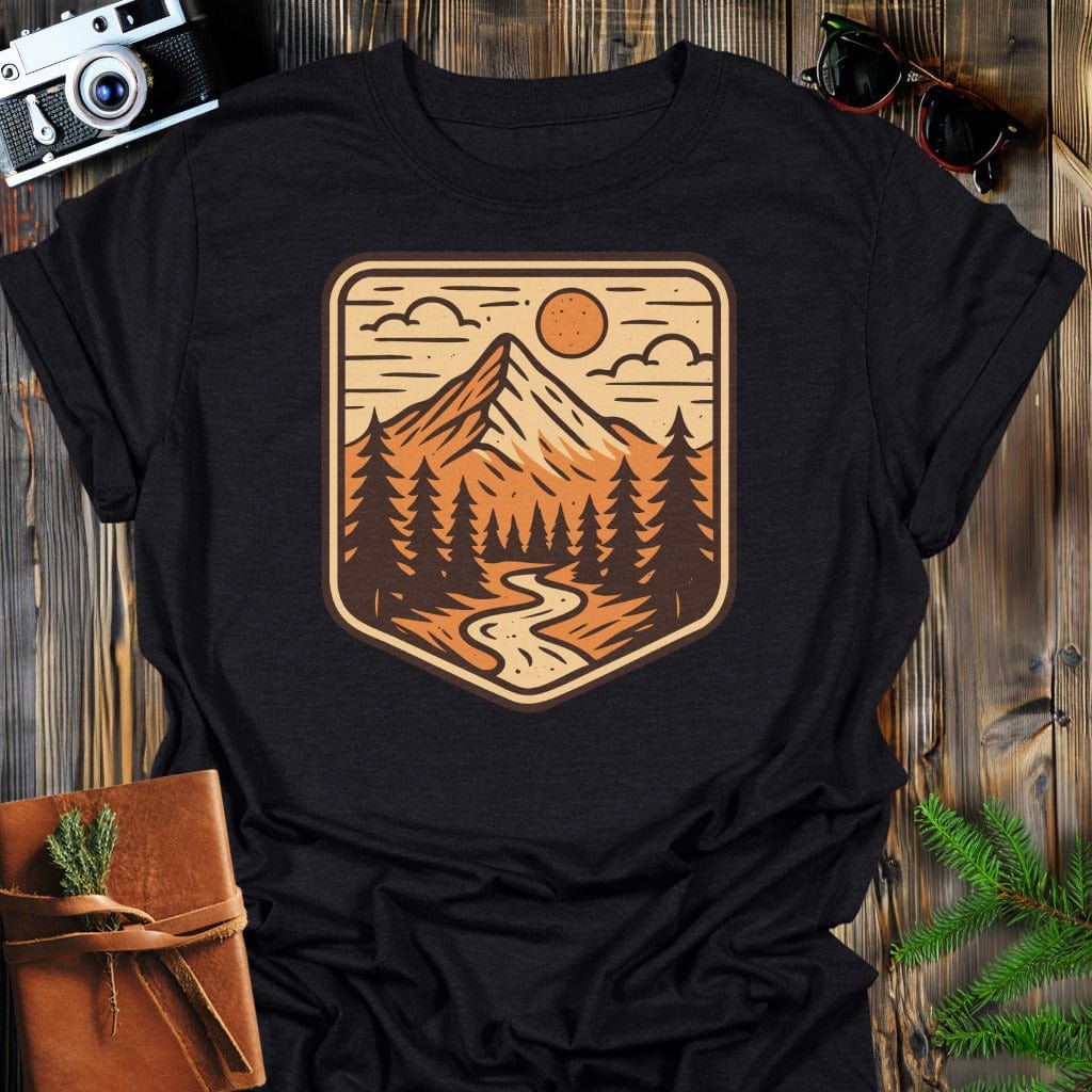 Retro Mountain River T-Shirt In S / Black Lightweight adventure tee for outdoor lovers Perfect for hiking camping or road trips Made from soft breathable cotton for all-day comfort Ideal for nature lovers and adventurers FAYO Threads outdoor apparel remember Fun Awaits You Outside