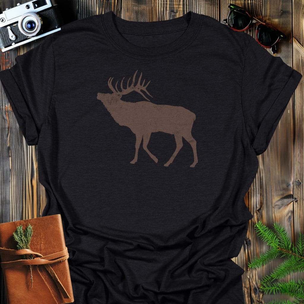 Rustic Elk T-Shirt In Black / S Lightweight adventure tee for outdoor lovers Perfect for hiking camping or road trips Made from soft breathable cotton for all-day comfort Ideal for nature lovers and adventurers FAYO Threads outdoor apparel remember Fun Awaits You Outside