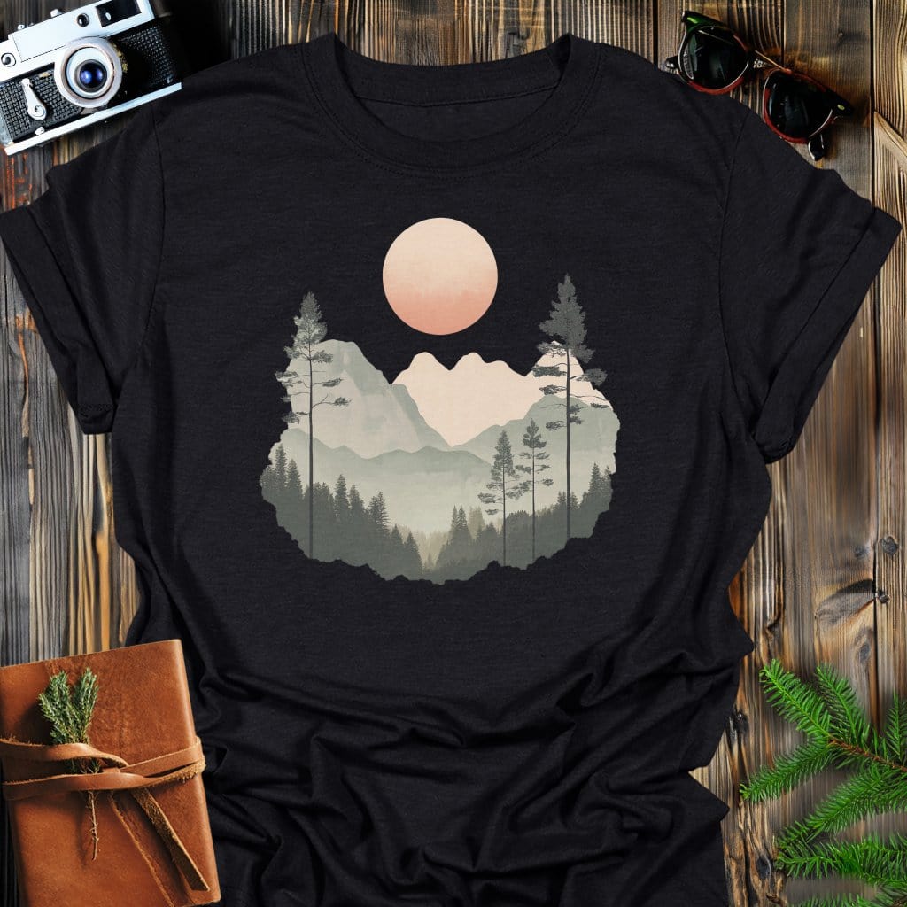 Serene Peaks T-Shirt In Black / S Lightweight adventure tee for outdoor lovers Perfect for hiking camping or road trips Made from soft breathable cotton for all-day comfort Ideal for nature lovers and adventurers FAYO Threads outdoor apparel remember Fun Awaits You Outside