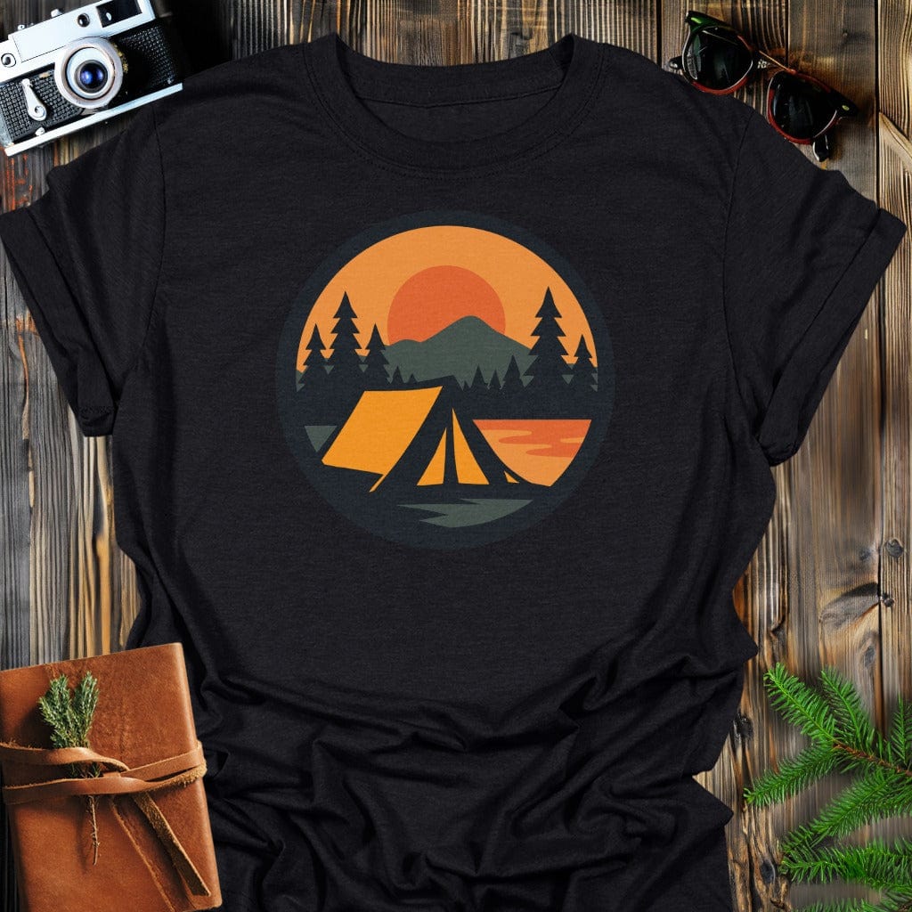 Sunset Tent T-Shirt In S / Black Lightweight adventure tee for outdoor lovers Perfect for hiking camping or road trips Made from soft breathable cotton for all-day comfort Ideal for nature lovers and adventurers FAYO Threads outdoor apparel remember Fun Awaits You Outside