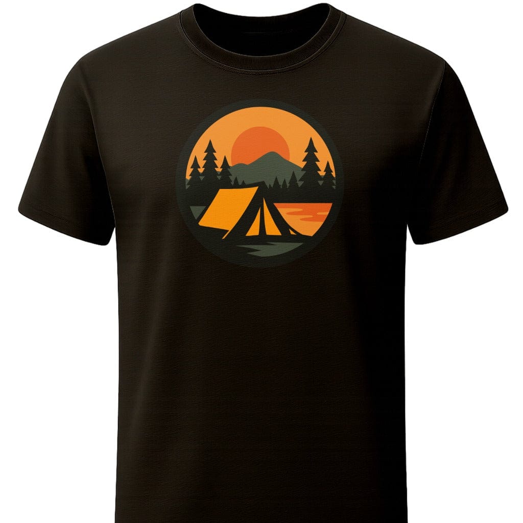 Sunset Tent T-Shirt In S / Black Lightweight adventure tee for outdoor lovers Perfect for hiking camping or road trips Made from soft breathable cotton for all-day comfort Ideal for nature lovers and adventurers FAYO Threads outdoor apparel remember Fun Awaits You Outside