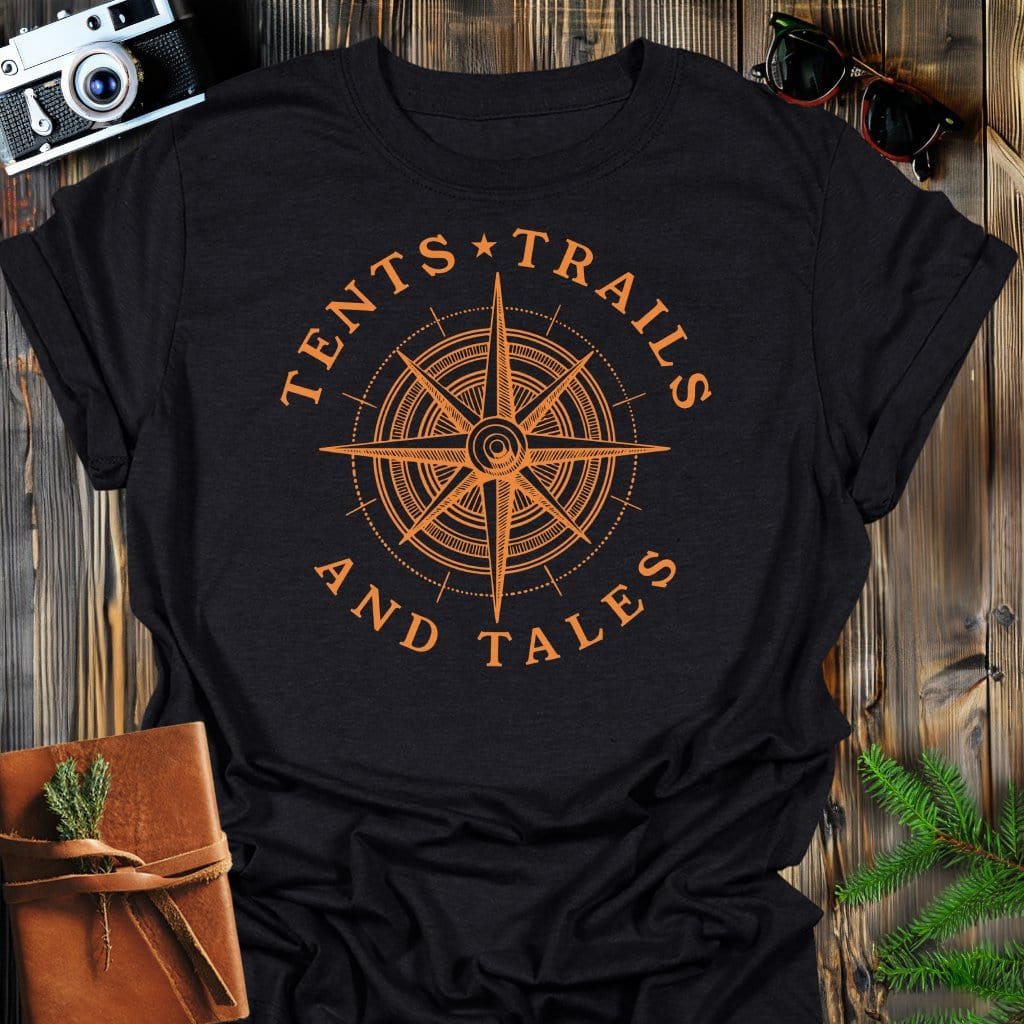 Tents & Trails T-Shirt In Black / S Lightweight adventure tee for outdoor lovers Perfect for hiking camping or road trips Made from soft breathable cotton for all-day comfort Ideal for nature lovers and adventurers FAYO Threads outdoor apparel remember Fun Awaits You Outside