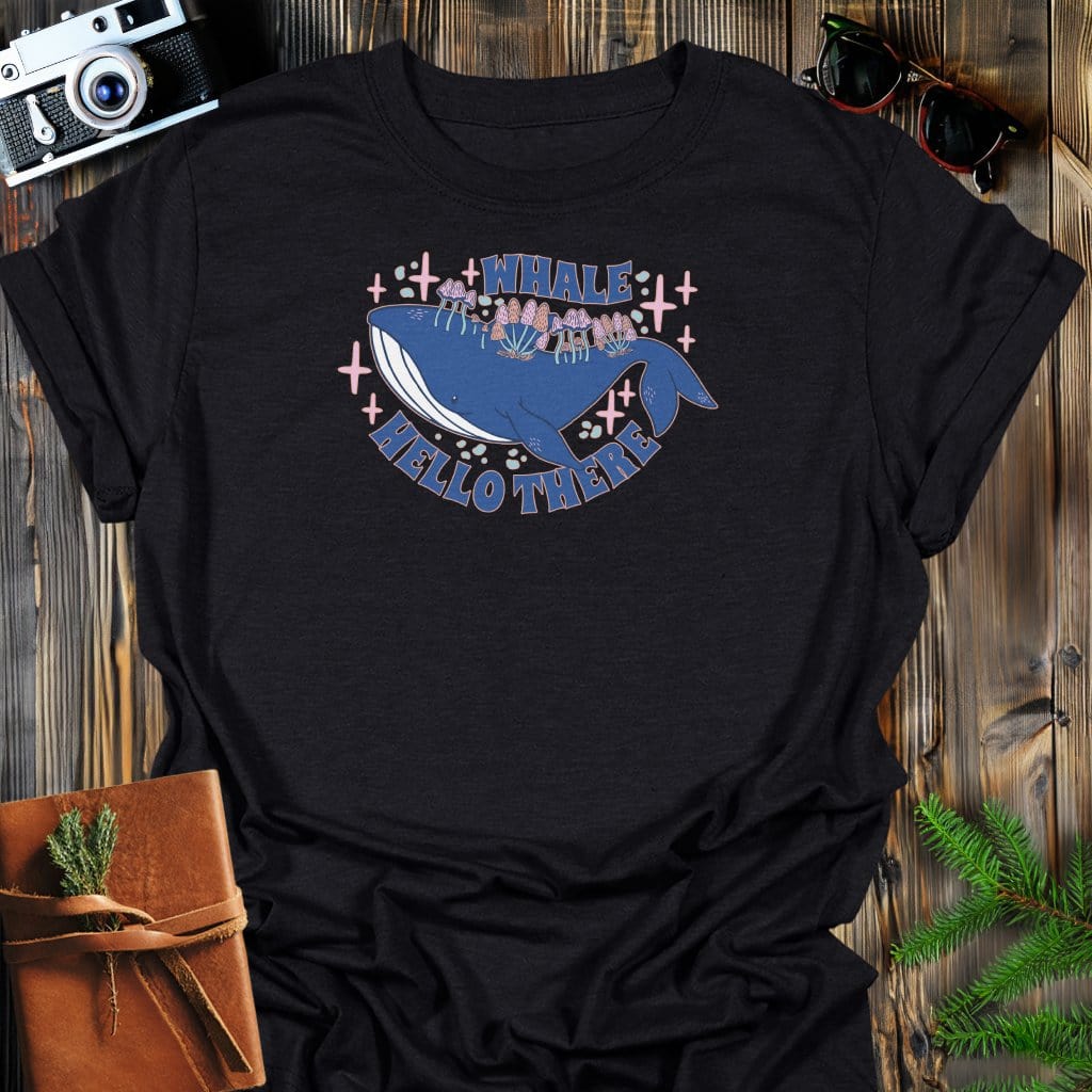 Whale Hello T-Shirt In Black / S Lightweight adventure tee for outdoor lovers Perfect for hiking camping or road trips Made from soft breathable cotton for all-day comfort Ideal for nature lovers and adventurers FAYO Threads outdoor apparel remember Fun Awaits You Outside