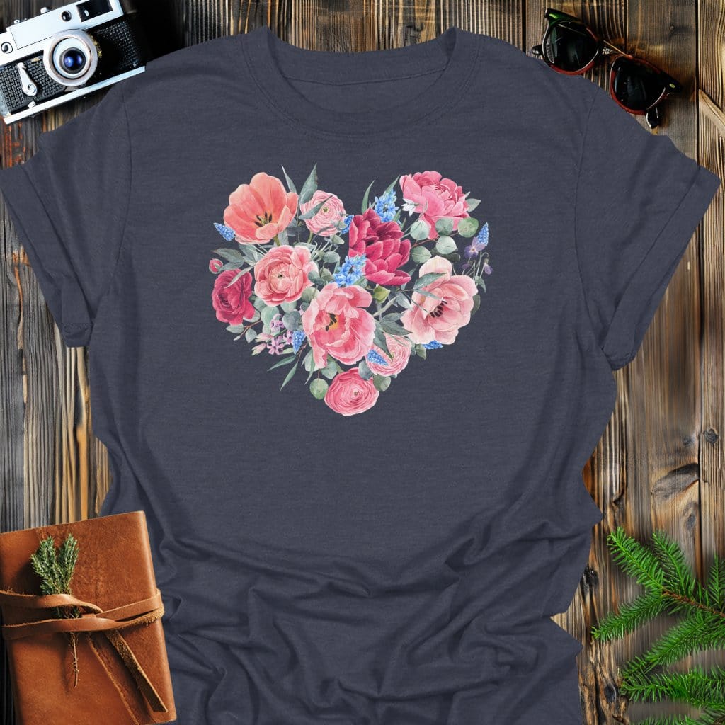 Blossom Heart T-Shirt In Dark Heather / S Lightweight adventure tee for outdoor lovers Perfect for hiking camping or road trips Made from soft breathable cotton for all-day comfort Ideal for nature lovers and adventurers FAYO Threads outdoor apparel remember Fun Awaits You Outside