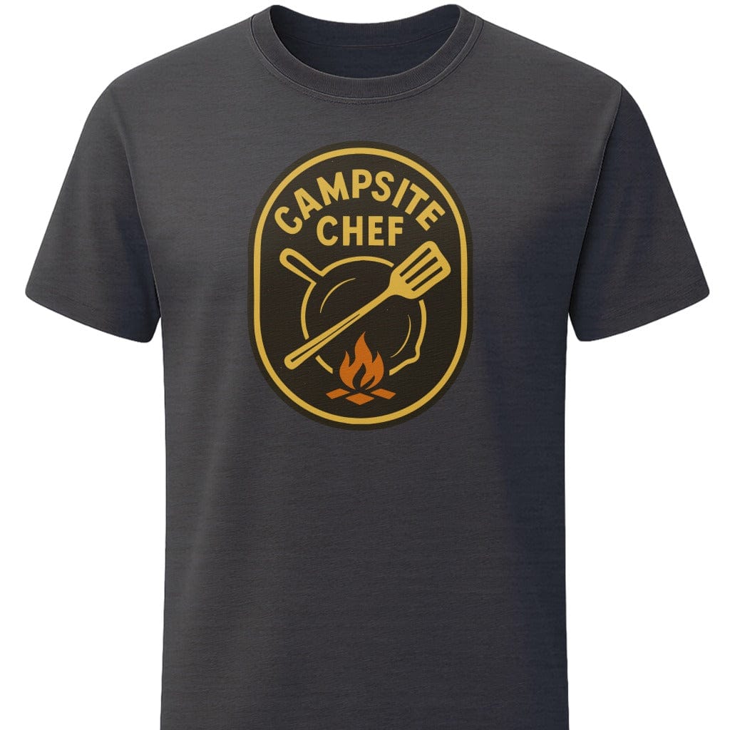 Campsite Chef T-Shirt In S / Dark Heather Lightweight adventure tee for outdoor lovers Perfect for hiking camping or road trips Made from soft breathable cotton for all-day comfort Ideal for nature lovers and adventurers FAYO Threads outdoor apparel remember Fun Awaits You Outside