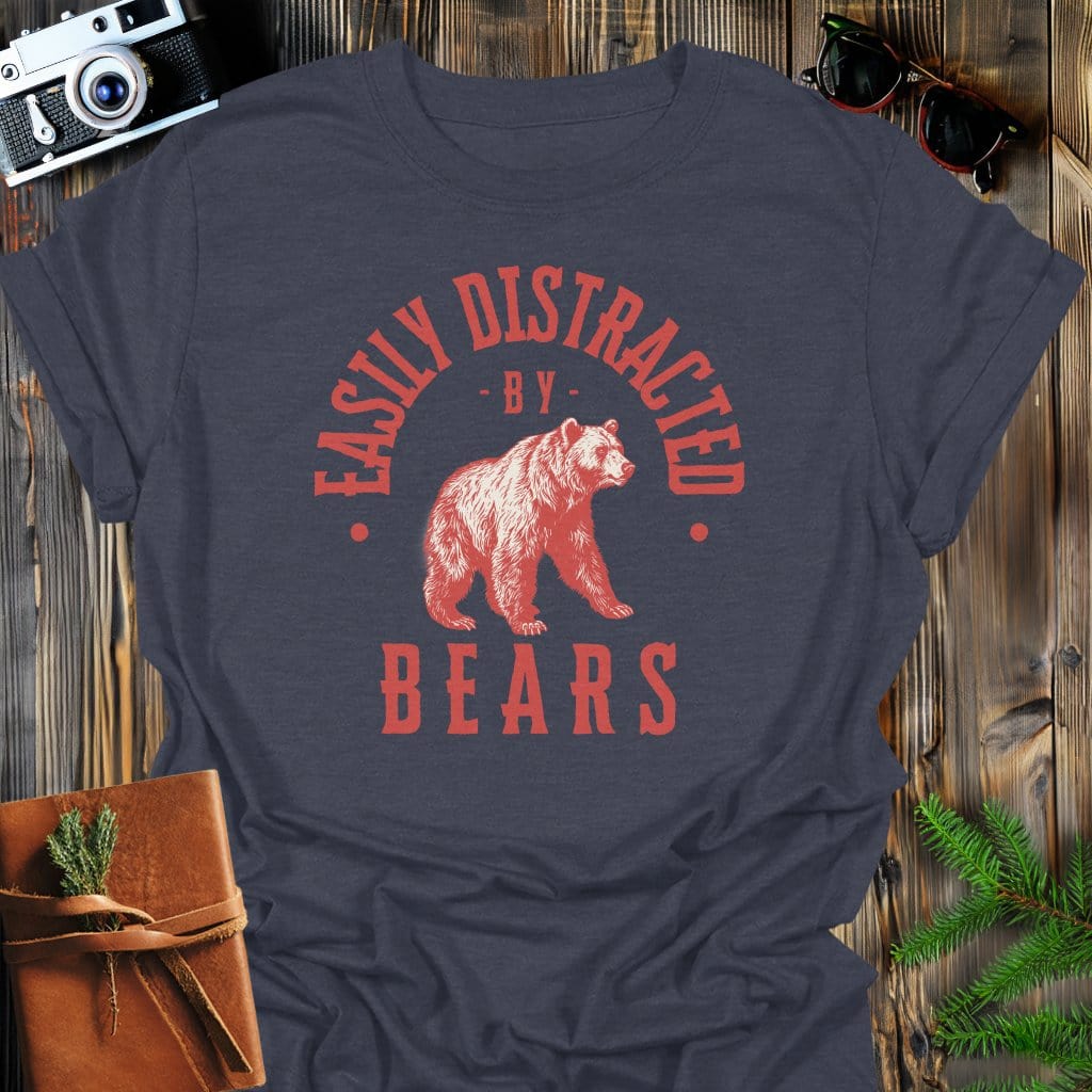 Distracted by Bears T-Shirt In S / Dark Heather Lightweight adventure tee for outdoor lovers Perfect for hiking camping or road trips Made from soft breathable cotton for all-day comfort Ideal for nature lovers and adventurers FAYO Threads outdoor apparel remember Fun Awaits You Outside