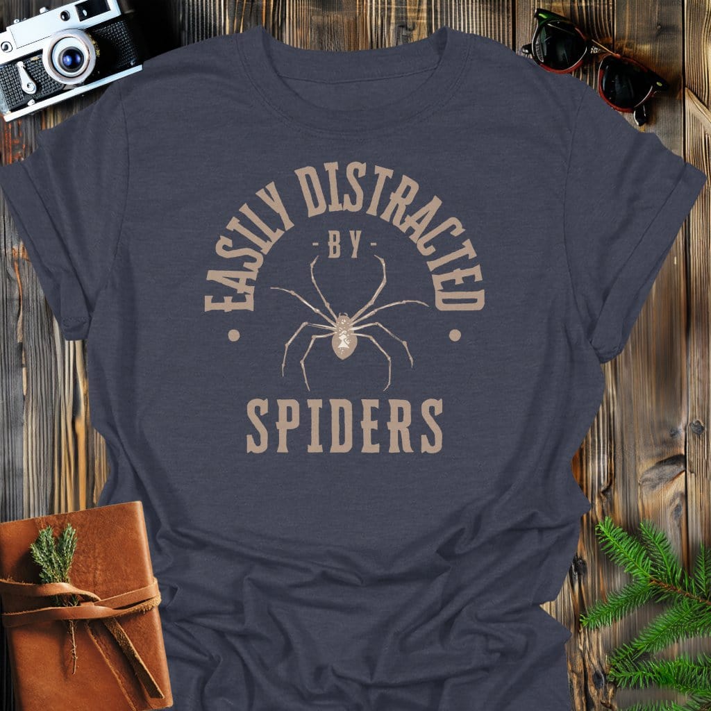 Distracted By Spiders T-Shirt In S / Dark Heather Lightweight adventure tee for outdoor lovers Perfect for hiking camping or road trips Made from soft breathable cotton for all-day comfort Ideal for nature lovers and adventurers FAYO Threads outdoor apparel remember Fun Awaits You Outside