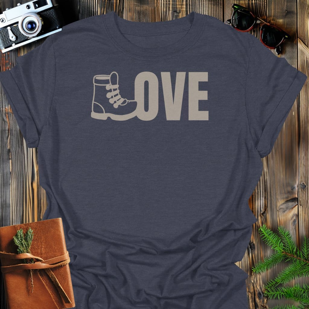 Love Hiking Boot T-Shirt In Dark Heather / S Lightweight adventure tee for outdoor lovers Perfect for hiking camping or road trips Made from soft breathable cotton for all-day comfort Ideal for nature lovers and adventurers FAYO Threads outdoor apparel remember Fun Awaits You Outside