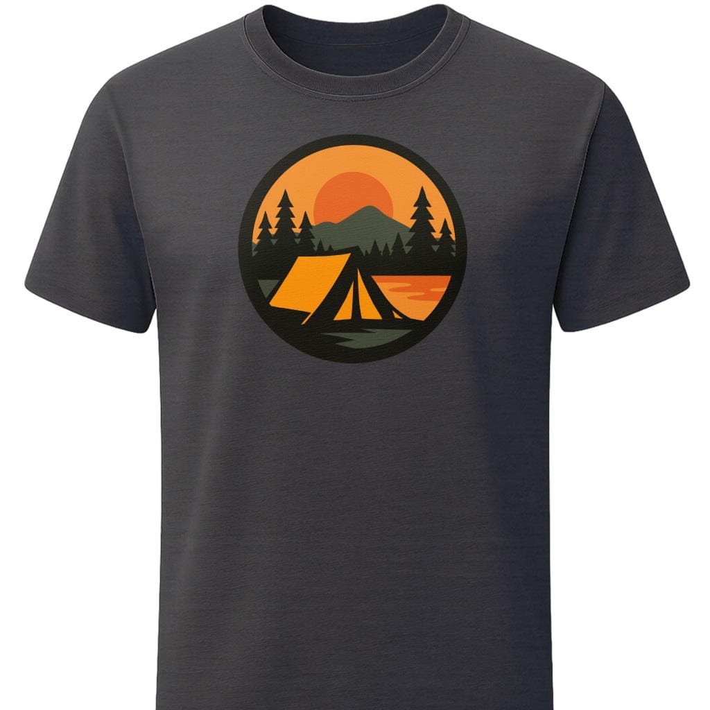 Sunset Tent T-Shirt In S / Dark Heather Lightweight adventure tee for outdoor lovers Perfect for hiking camping or road trips Made from soft breathable cotton for all-day comfort Ideal for nature lovers and adventurers FAYO Threads outdoor apparel remember Fun Awaits You Outside