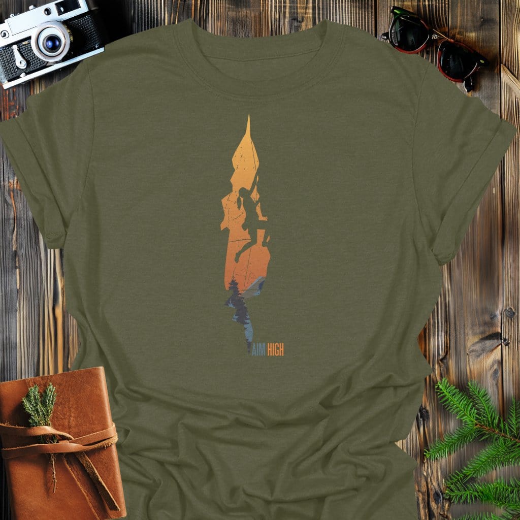 Aim High Climb T-Shirt In Military Green / S Lightweight adventure tee for outdoor lovers Perfect for hiking camping or road trips Made from soft breathable cotton for all-day comfort Ideal for nature lovers and adventurers FAYO Threads outdoor apparel remember Fun Awaits You Outside