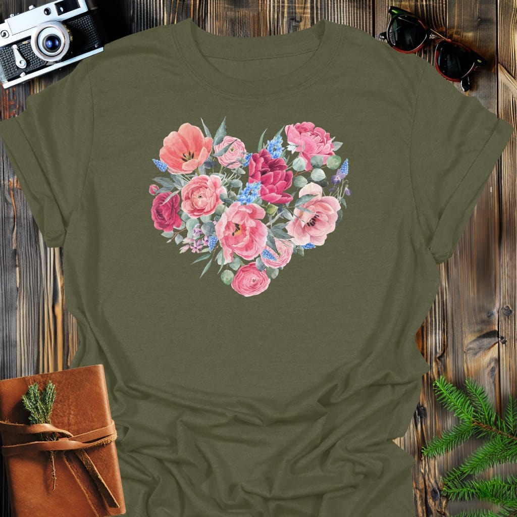 Blossom Heart T-Shirt In Military Green / S Lightweight adventure tee for outdoor lovers Perfect for hiking camping or road trips Made from soft breathable cotton for all-day comfort Ideal for nature lovers and adventurers FAYO Threads outdoor apparel remember Fun Awaits You Outside