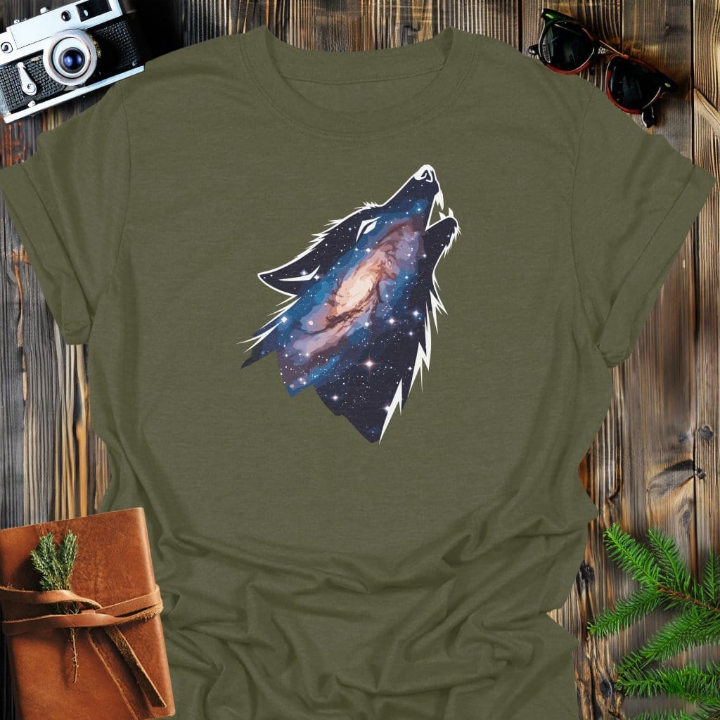 Cosmic Howl T-Shirt In Military Green / S Lightweight adventure tee for outdoor lovers Perfect for hiking camping or road trips Made from soft breathable cotton for all-day comfort Ideal for nature lovers and adventurers FAYO Threads outdoor apparel remember Fun Awaits You Outside