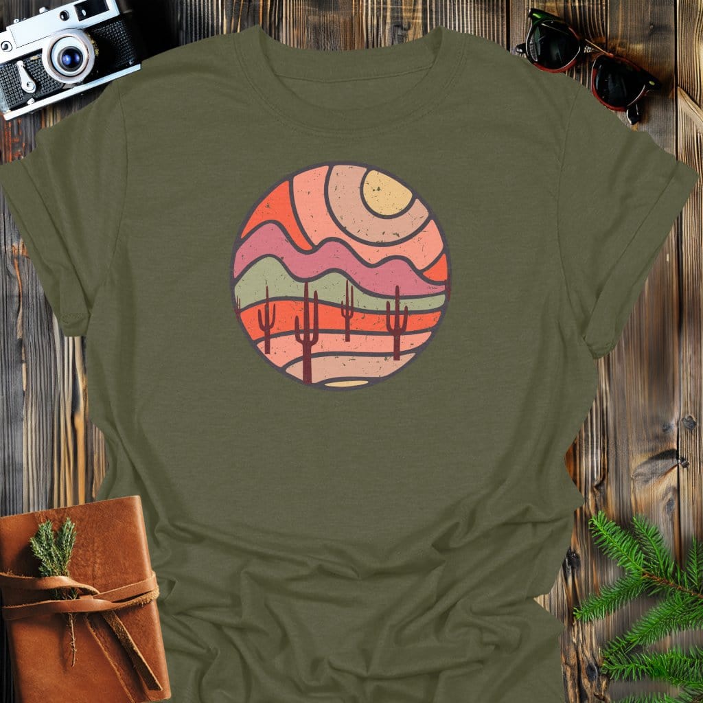 Desert Mirage T-Shirt In Military Green / S Lightweight adventure tee for outdoor lovers Perfect for hiking camping or road trips Made from soft breathable cotton for all-day comfort Ideal for nature lovers and adventurers FAYO Threads outdoor apparel remember Fun Awaits You Outside