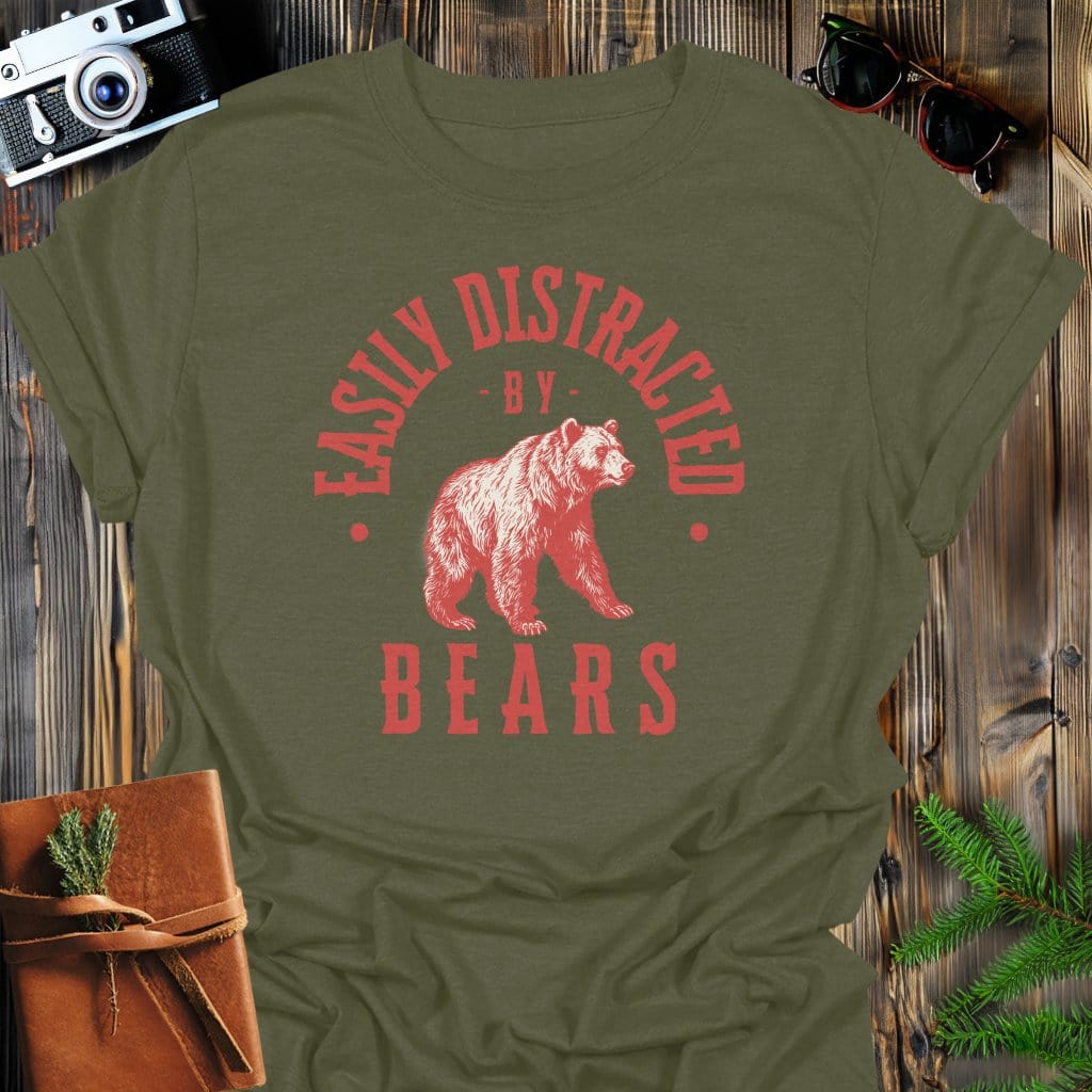 Distracted by Bears T-Shirt In S / Military Green Lightweight adventure tee for outdoor lovers Perfect for hiking camping or road trips Made from soft breathable cotton for all-day comfort Ideal for nature lovers and adventurers FAYO Threads outdoor apparel remember Fun Awaits You Outside
