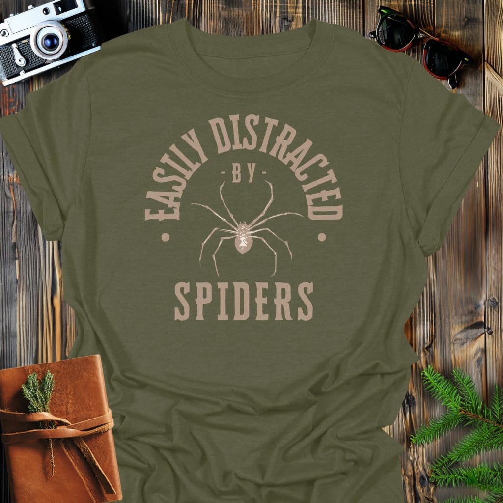 Distracted By Spiders T-Shirt In S / Military Green Lightweight adventure tee for outdoor lovers Perfect for hiking camping or road trips Made from soft breathable cotton for all-day comfort Ideal for nature lovers and adventurers FAYO Threads outdoor apparel remember Fun Awaits You Outside