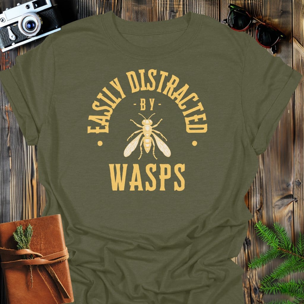 Distracted By Wasps T-Shirt In S / Military Green Lightweight adventure tee for outdoor lovers Perfect for hiking camping or road trips Made from soft breathable cotton for all-day comfort Ideal for nature lovers and adventurers FAYO Threads outdoor apparel remember Fun Awaits You Outside