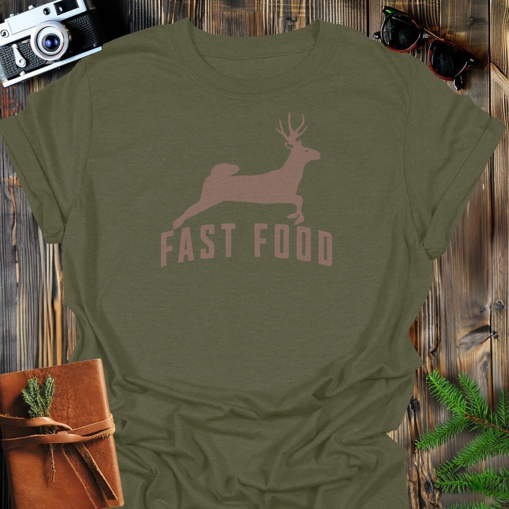 Fast Food T-Shirt In Military Green / S Lightweight adventure tee for outdoor lovers Perfect for hiking camping or road trips Made from soft breathable cotton for all-day comfort Ideal for nature lovers and adventurers FAYO Threads outdoor apparel remember Fun Awaits You Outside