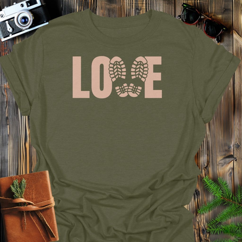 Love Hiking Boot Prints T-Shirt In Military Green / S Lightweight adventure tee for outdoor lovers Perfect for hiking camping or road trips Made from soft breathable cotton for all-day comfort Ideal for nature lovers and adventurers FAYO Threads outdoor apparel remember Fun Awaits You Outside
