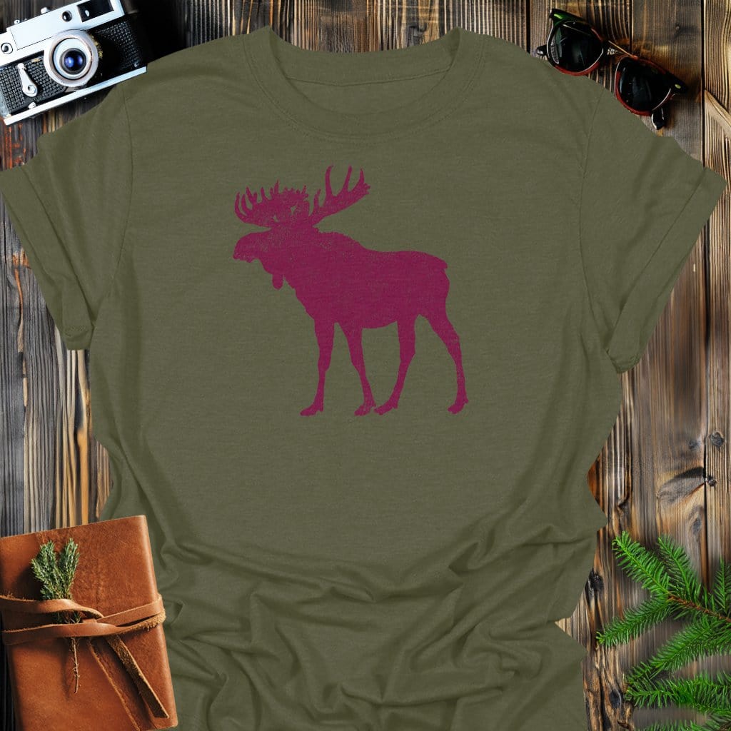 Majestic Moose T-Shirt In Military Green / S Lightweight adventure tee for outdoor lovers Perfect for hiking camping or road trips Made from soft breathable cotton for all-day comfort Ideal for nature lovers and adventurers FAYO Threads outdoor apparel remember Fun Awaits You Outside