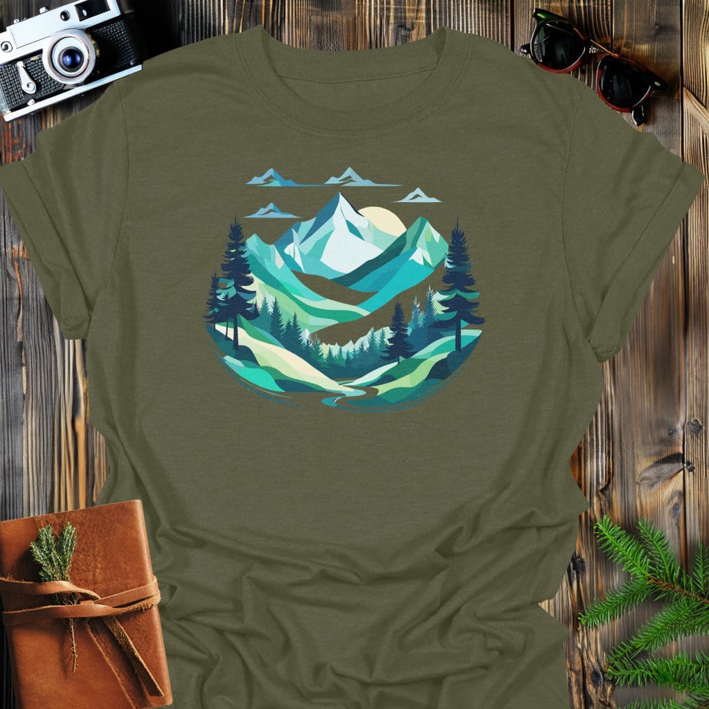 Majestic Valley T-Shirt In Military Green / S Lightweight adventure tee for outdoor lovers Perfect for hiking camping or road trips Made from soft breathable cotton for all-day comfort Ideal for nature lovers and adventurers FAYO Threads outdoor apparel remember Fun Awaits You Outside