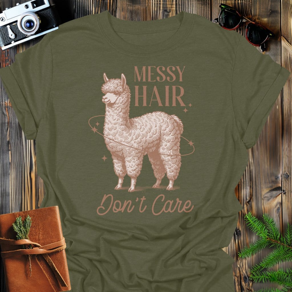 Messy Hair T-Shirt In Military Green / S Lightweight adventure tee for outdoor lovers Perfect for hiking camping or road trips Made from soft breathable cotton for all-day comfort Ideal for nature lovers and adventurers FAYO Threads outdoor apparel remember Fun Awaits You Outside