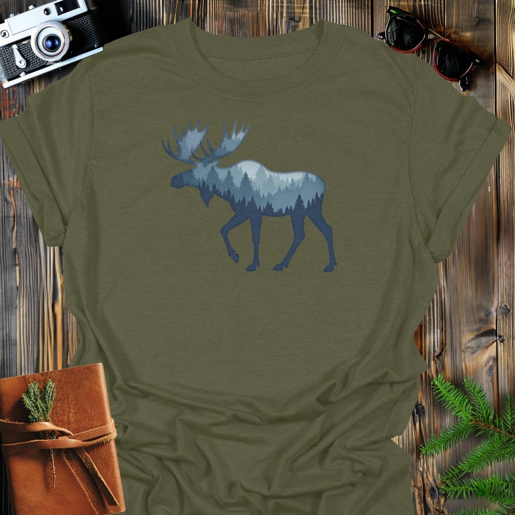 Mystic Moose T-Shirt In Military Green / S Lightweight adventure tee for outdoor lovers Perfect for hiking camping or road trips Made from soft breathable cotton for all-day comfort Ideal for nature lovers and adventurers FAYO Threads outdoor apparel remember Fun Awaits You Outside