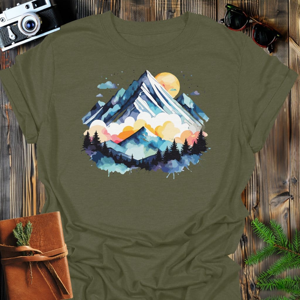 Painted Peaks T-Shirt In Military Green / S Lightweight adventure tee for outdoor lovers Perfect for hiking camping or road trips Made from soft breathable cotton for all-day comfort Ideal for nature lovers and adventurers FAYO Threads outdoor apparel remember Fun Awaits You Outside