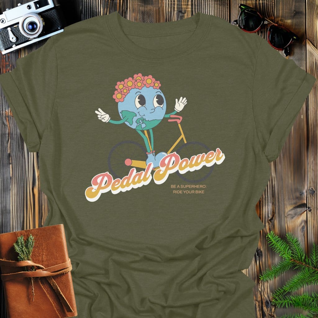 Pedal Power Earth T-Shirt In Military Green / S Lightweight adventure tee for outdoor lovers Perfect for hiking camping or road trips Made from soft breathable cotton for all-day comfort Ideal for nature lovers and adventurers FAYO Threads outdoor apparel remember Fun Awaits You Outside