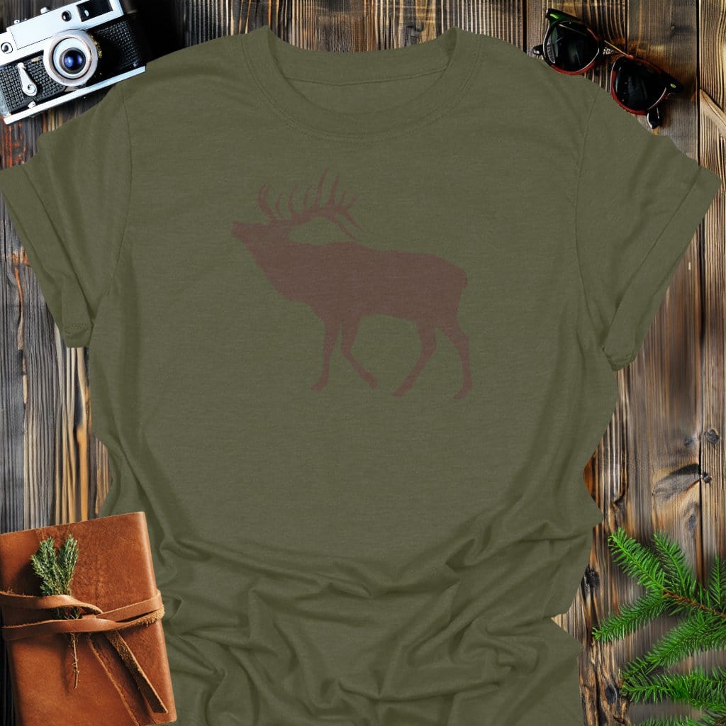 Rustic Elk T-Shirt In Military Green / S Lightweight adventure tee for outdoor lovers Perfect for hiking camping or road trips Made from soft breathable cotton for all-day comfort Ideal for nature lovers and adventurers FAYO Threads outdoor apparel remember Fun Awaits You Outside