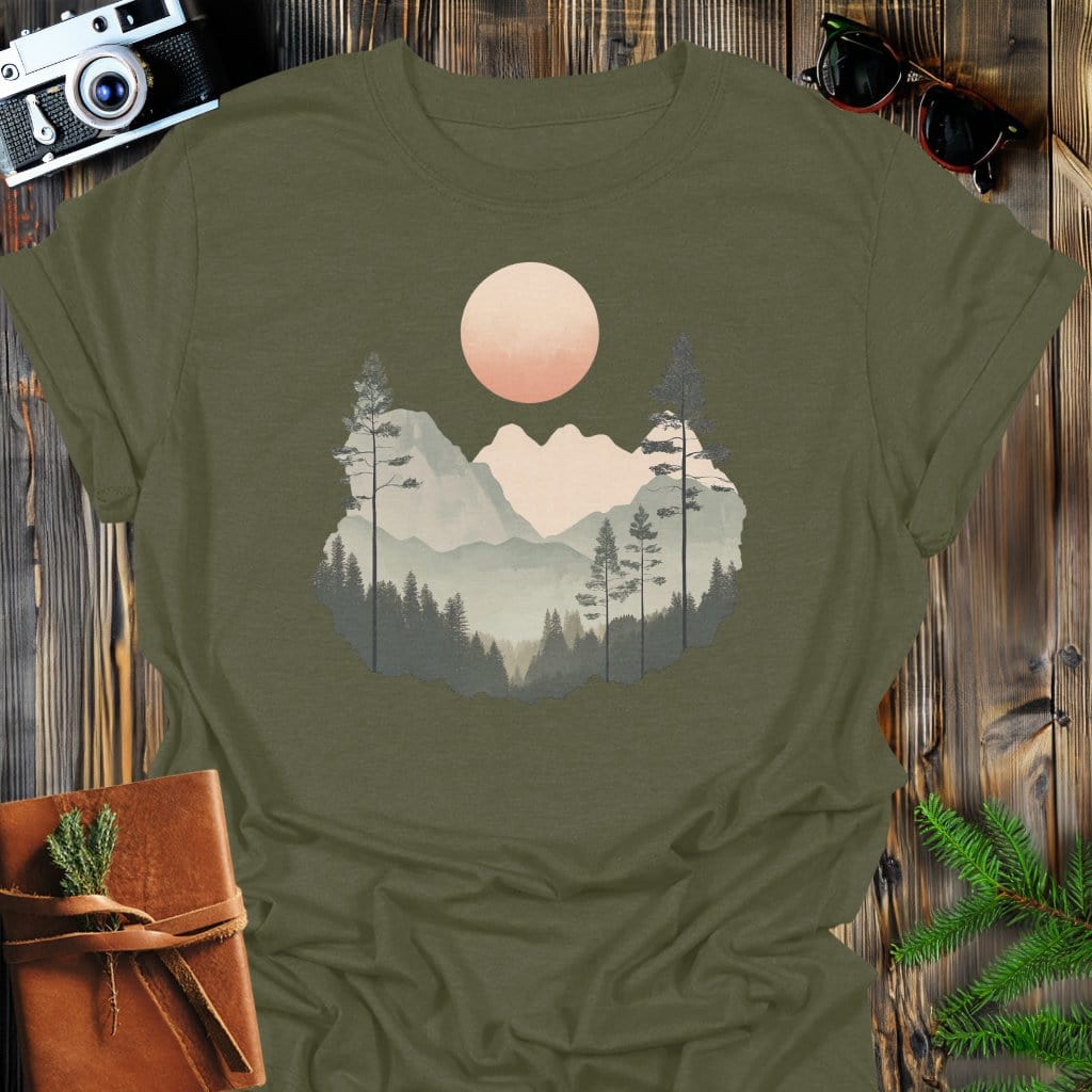 Serene Peaks T-Shirt In Military Green / S Lightweight adventure tee for outdoor lovers Perfect for hiking camping or road trips Made from soft breathable cotton for all-day comfort Ideal for nature lovers and adventurers FAYO Threads outdoor apparel remember Fun Awaits You Outside