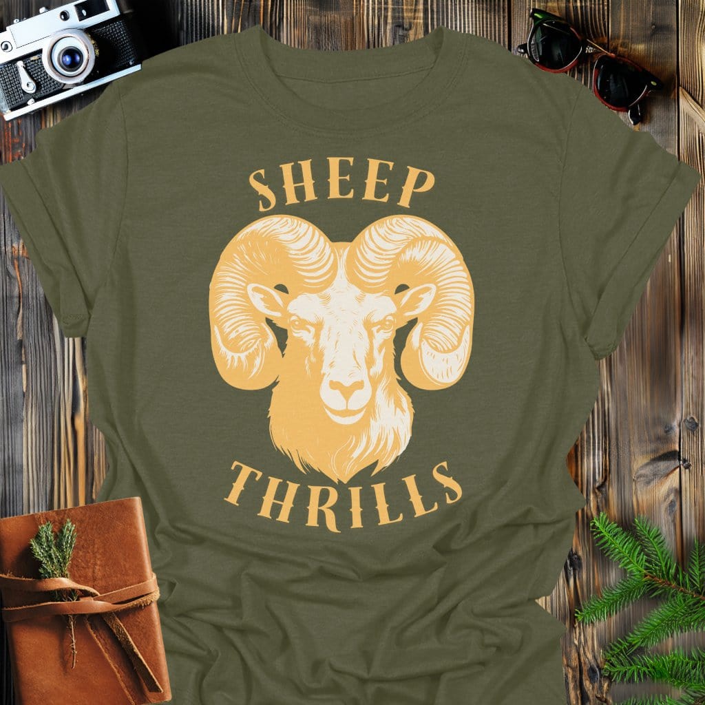 Sheep Thrills T-Shirt In Military Green / S Lightweight adventure tee for outdoor lovers Perfect for hiking camping or road trips Made from soft breathable cotton for all-day comfort Ideal for nature lovers and adventurers FAYO Threads outdoor apparel remember Fun Awaits You Outside