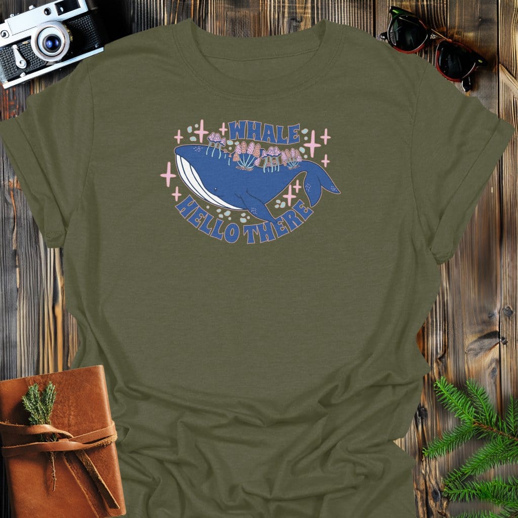 Whale Hello T-Shirt In Military Green / S Lightweight adventure tee for outdoor lovers Perfect for hiking camping or road trips Made from soft breathable cotton for all-day comfort Ideal for nature lovers and adventurers FAYO Threads outdoor apparel remember Fun Awaits You Outside