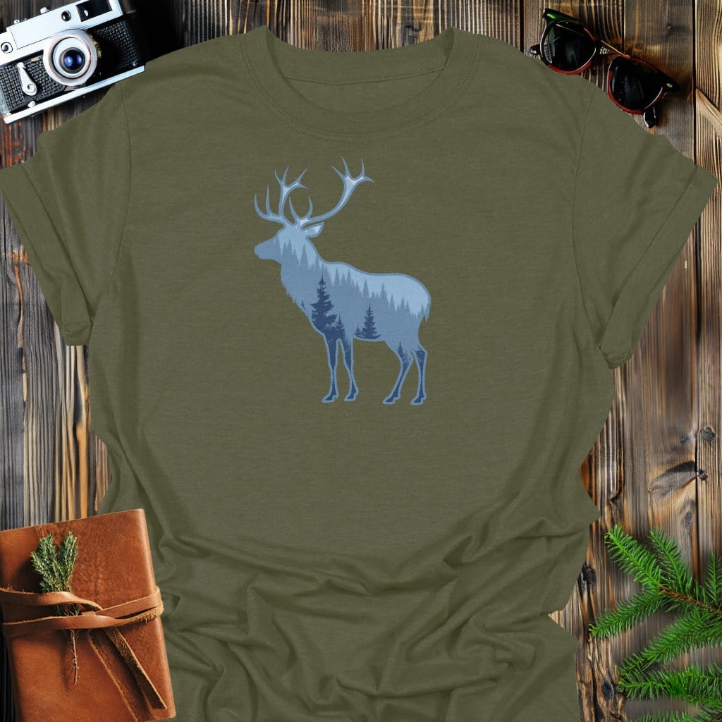 Wild Elk T-Shirt In Military Green / S Lightweight adventure tee for outdoor lovers Perfect for hiking camping or road trips Made from soft breathable cotton for all-day comfort Ideal for nature lovers and adventurers FAYO Threads outdoor apparel remember Fun Awaits You Outside